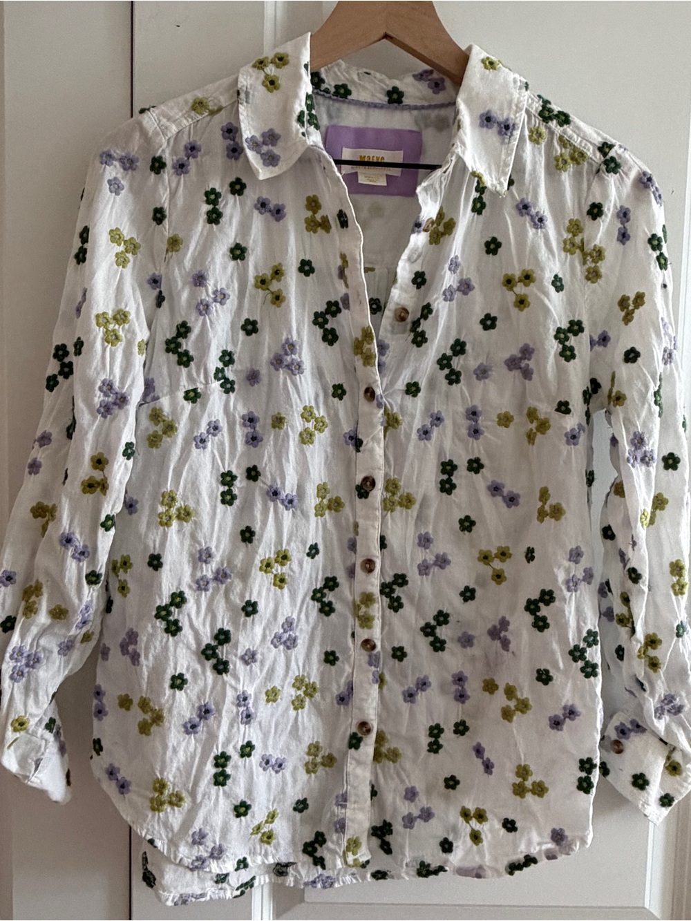 Maeve White Button-Down Shirt with Green and Lavender Floral Embroidery